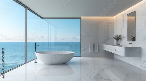 A minimalist oceanfront bathroom, with white marble floors, a freestanding bathtub, and floor-to-ceiling windows framing views of the sea