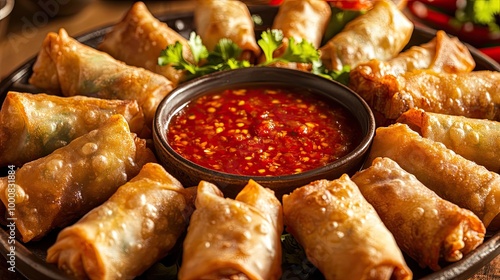 A platter of crispy spring rolls with a bowl of sweet chili sauce in the center, ready for dipping.