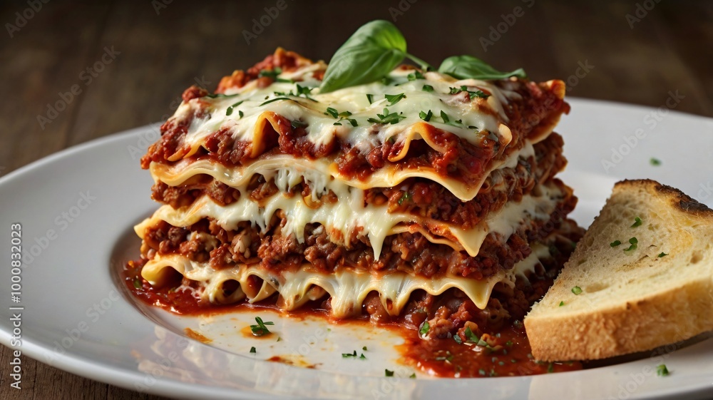 A beautifully plated dish of lasagna with layers of pasta, meat sauce A beautifully plated dish of lasagna with layers of pasta, meat sauce