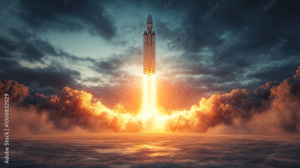 A rocket launching into the sky amidst dramatic clouds and flames. A rocket launching into the sky amidst dramatic clouds and flames.
