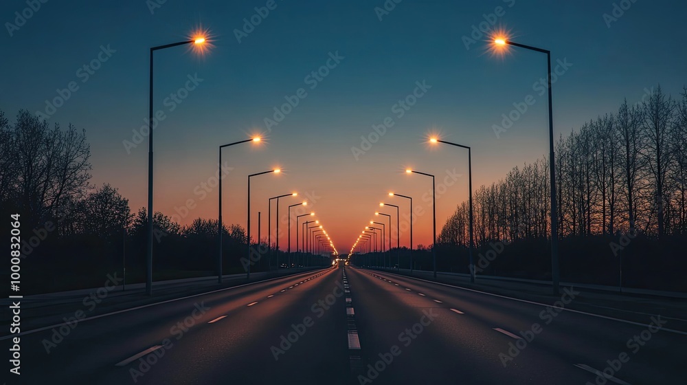 A quiet asphalt highway lined with streetlights at dusk, with the soft glow of the setting sun on the horizon and trees on both sides. A quiet asphalt highway lined with streetlights at dusk, with the soft glow of the setting sun on the horizon and trees on both sides.