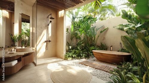 A modern Balinese bathroom, with an outdoor shower surrounded by lush tropical plants, natural stone floors, and a freestanding wooden bathtub