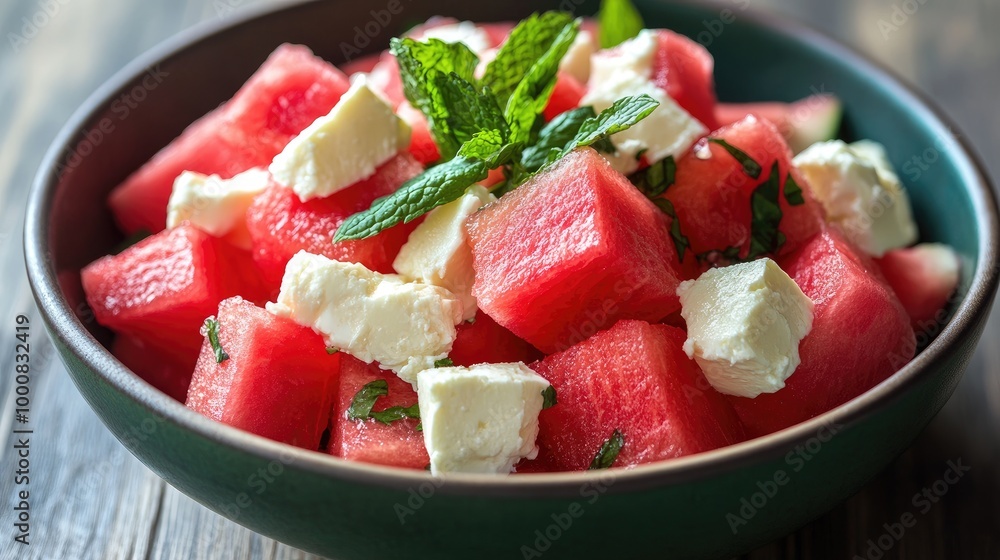 A refreshing watermelon and feta salad with mint leaves, perfect for a light vegetarian summer meal. A refreshing watermelon and feta salad with mint leaves, perfect for a light vegetarian summer meal.
