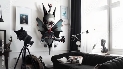 Monochromatic living space featuring stark white walls adorned with dramatic black surrealist artwork. Large windows flood the room with natural light, contrasting with dark furniture. 