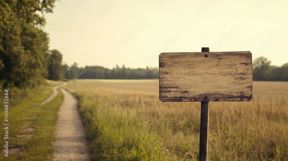 A rustic, blank wooden sign mounted on a metal pole along a country road, with fields and trees in the background. A rustic, blank wooden sign mounted on a metal pole along a country road, with fields and trees in the background.