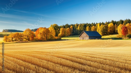 A rural autumn landscape with a barn in the distance, surrounded by golden fields and vibrant trees, under a clear blue sky.