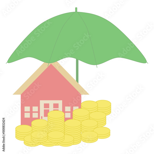 Financial Protection Concept ,Umbrella Protecting Coins, Home.