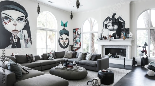 Spacious living area with high ceilings and arched windows. Dominated by large-scale pop art portraits in black and white. Modern gray sectional sofa centered. Fireplace with ornate surround. 