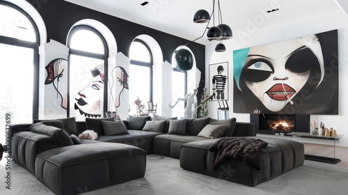 Sleek living space with arched windows and high ceilings. Dominated by oversized pop art portrait in black and white. Large modular black sofa centered. Contrasting white walls and floors. 