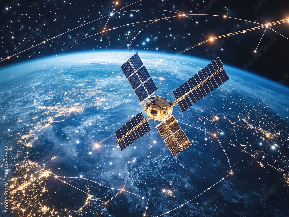 A satellite in space with digital data streams connecting it to Earth, symbolizing global communication and digital networks.