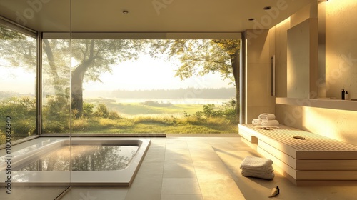 A modern spa bathroom, featuring sleek white fixtures, a sauna, and floor-to-ceiling windows framing views of the surrounding nature