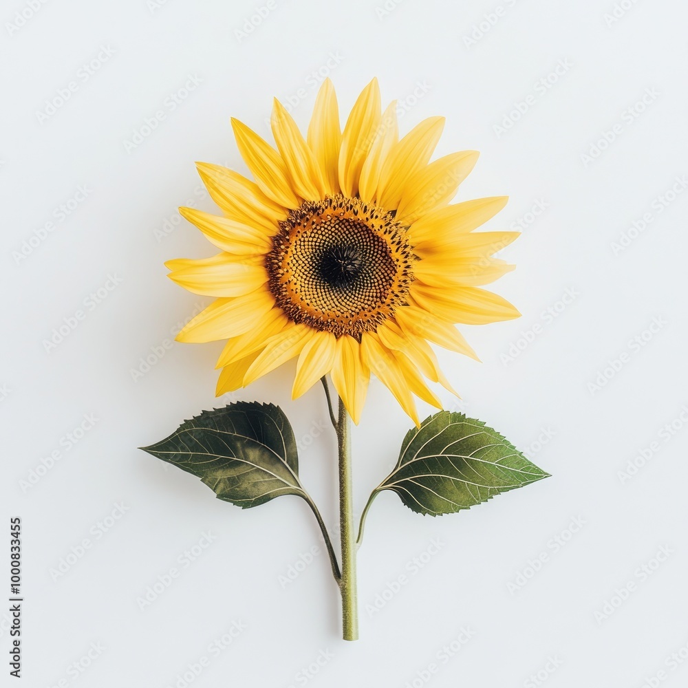Obraz premium A single sunflower isolated in a minimalist white space, with the bright yellow petals contrasting starkly against the background, symbolizing simplicity and beauty.
