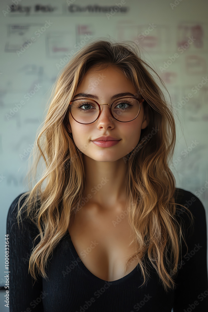 Confident young woman in glasses standing in front of a whiteboard with diagrams, bright, motivational atmosphere Confident young woman in glasses standing in front of a whiteboard with diagrams, bright, motivational atmosphere