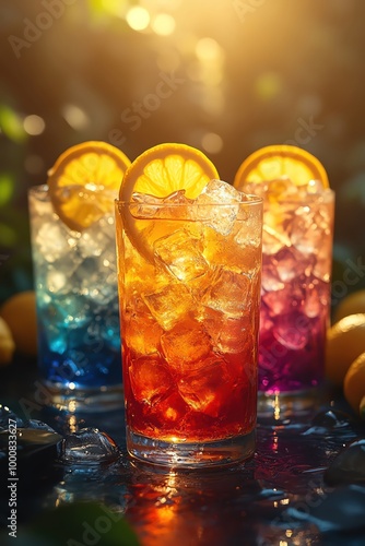 Colorful iced drinks with lemon slices in a row, illuminated by warm sunlight, evoking summer vibes