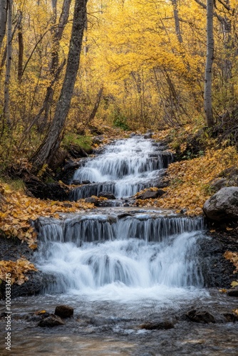 A small waterfall cascading through a forest of golden autumn trees, with leaves gently falling into the stream below.