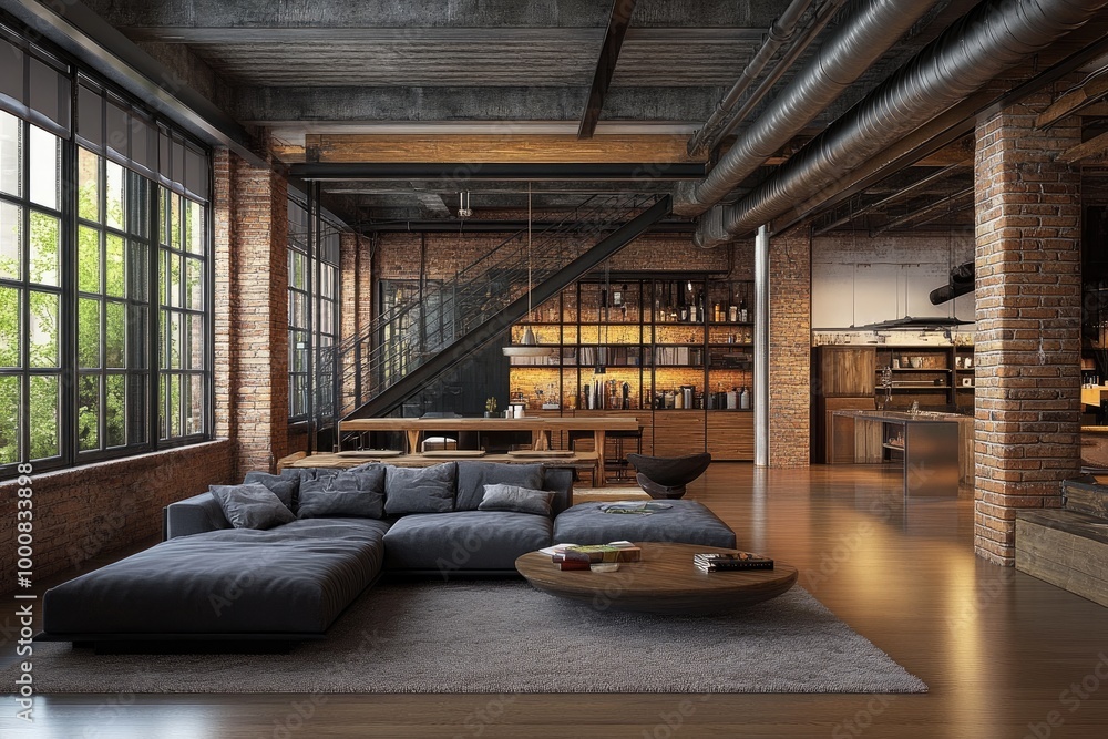 A spacious loft with matte wood floors, industrial-style and exposed brick walls, creating a perfect blend of modern and rustic elements. A spacious loft with matte wood floors, industrial-style and exposed brick walls, creating a perfect blend of modern and rustic elements.