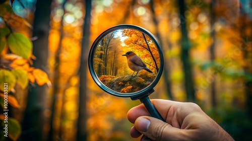 Hand holding a magnifying glass revealing detailed autumn forest path with a perched bird. Concept: nature exploration, seasonal beauty.