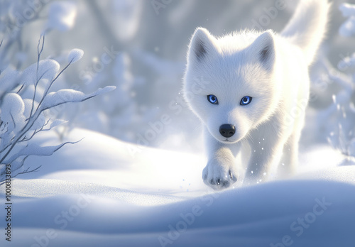 A cute white wolf puppy with blue eyes, walking in the snow