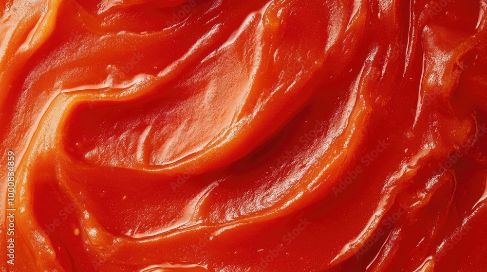 A thin layer of tomato pur spread over a flat surface, with a delicate pattern created by swirling motions, showing its texture. A thin layer of tomato pur spread over a flat surface, with a delicate pattern created by swirling motions, showing its texture.