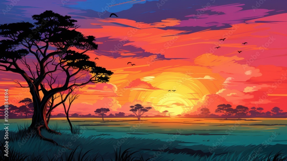 Silhouette of a tree against a colorful sunset sky over a grassy field Silhouette of a tree against a colorful sunset sky over a grassy field