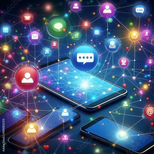 Wallpaper Mural A conceptual design featuring a network of smartphones connected by colorful bubbles representing digital messages in an online communication web Torontodigital.ca