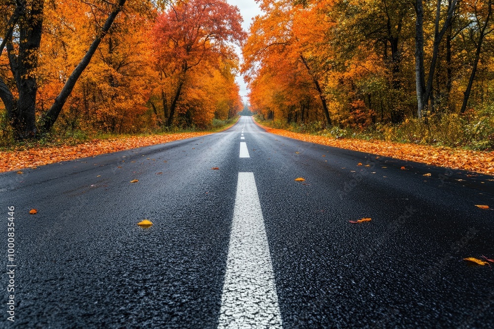 Fototapeta premium A two-lane asphalt highway lined with autumn trees, their orange and red leaves contrasting with the smooth black road.