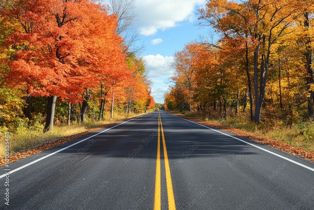 A two-lane asphalt highway lined with autumn trees, their orange and red leaves contrasting with the smooth black road. A two-lane asphalt highway lined with autumn trees, their orange and red leaves contrasting with the smooth black road.