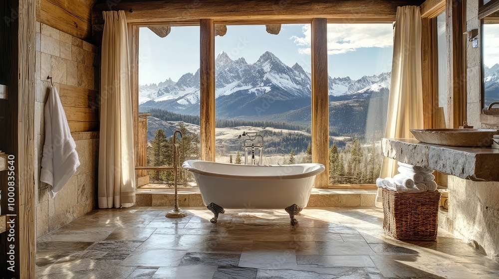 A rustic mountain lodge bathroom, featuring stone floors, a freestanding bathtub, and large windows framing views of the peaks A rustic mountain lodge bathroom, featuring stone floors, a freestanding bathtub, and large windows framing views of the peaks