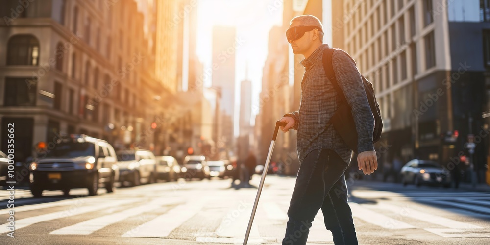 A blind man with a cane crosses a city street at sunset, the golden light casting long shadows, highlighting his independence and disability, selective focus
A blind man with a cane crosses a city street at sunset, the golden light casting long shadows, highlighting his independence and disability, selective focus
