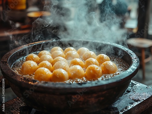 Detailed look at silk cocoons being boiled in a traditional pot with soft steam rising and golden silk threads visible on the surface photo