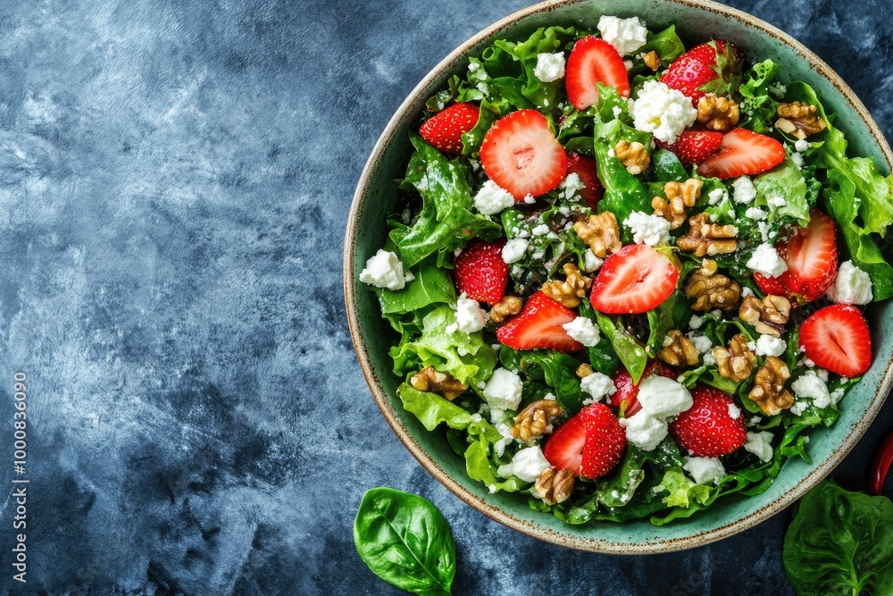 A vibrant salad made with leafy greens, strawberries, nuts, and feta cheese, served in a bowl, representing a healthy mix of nutrients. A vibrant salad made with leafy greens, strawberries, nuts, and feta cheese, served in a bowl, representing a healthy mix of nutrients.