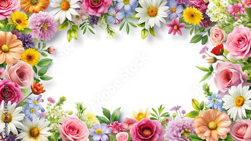 Banner template with flowers on the edges on white background. Picture frame with pretty flowers for spring greeting card or invitation. Generative AI photo imitation