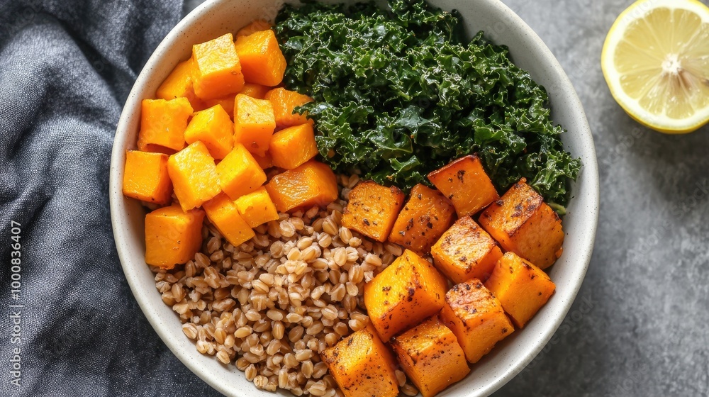 A wholesome veggie grain bowl with farro, roasted butternut squash, and kale, topped with a light lemon dressing. A wholesome veggie grain bowl with farro, roasted butternut squash, and kale, topped with a light lemon dressing.
