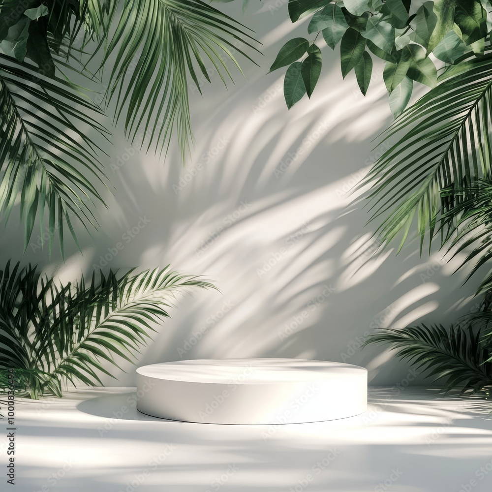 3d render of white podium with palm leaves in the background. 3d render of white podium with palm leaves in the background.