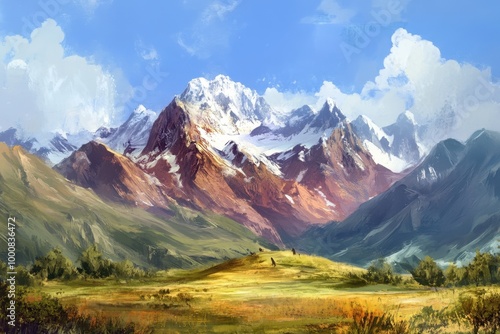 A picturesque mountain landscape with snow-capped peaks rising above a valley, painted in soft, Impressionistic strokes.