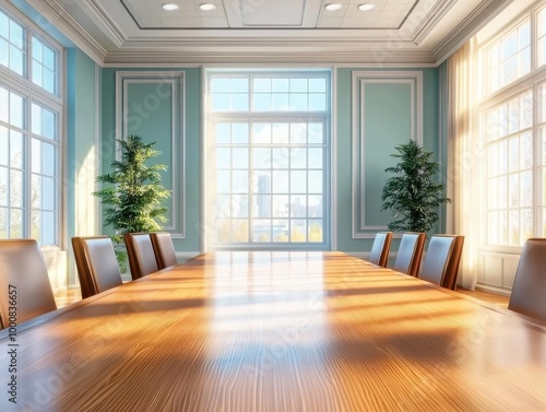 Bank boardroom with financial bailout discussions, recession recovery strategy, CGI, Sharp Focus, High Resolution, 3D illustration.