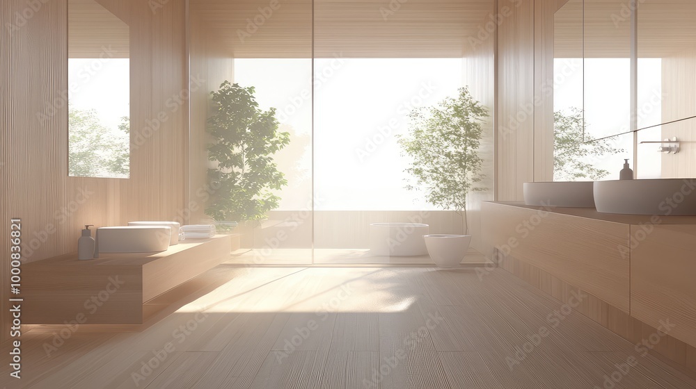Obraz premium A Scandinavian minimalist bathroom, with light wood floors, sleek white fixtures, and large windows letting in natural light, creating a sense of calm and simplicity
