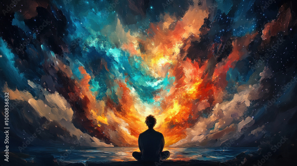 A meditation scene with flowing prana energy and cosmic light, blending spiritual power and universal forces in a peaceful, ethereal setting A meditation scene with flowing prana energy and cosmic light, blending spiritual power and universal forces in a peaceful, ethereal setting