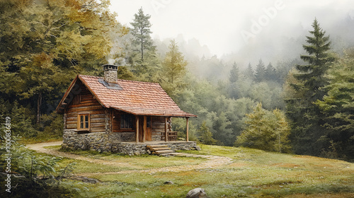 charming tiny mountain cabin nestled in serene forest, surrounded by lush greenery and misty trees. This peaceful retreat offers perfect escape into natures beauty