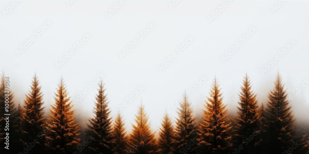 Fototapeta premium A misty forest landscape featuring tall orange spruce trees standing against a pale, foggy sky, creating a serene and minimalistic autumn scene with soft, diffused lighting