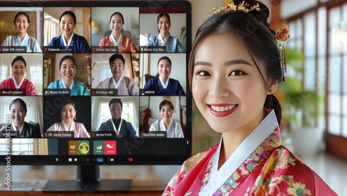 Smiling Woman in Traditional Dress on Video Call photo