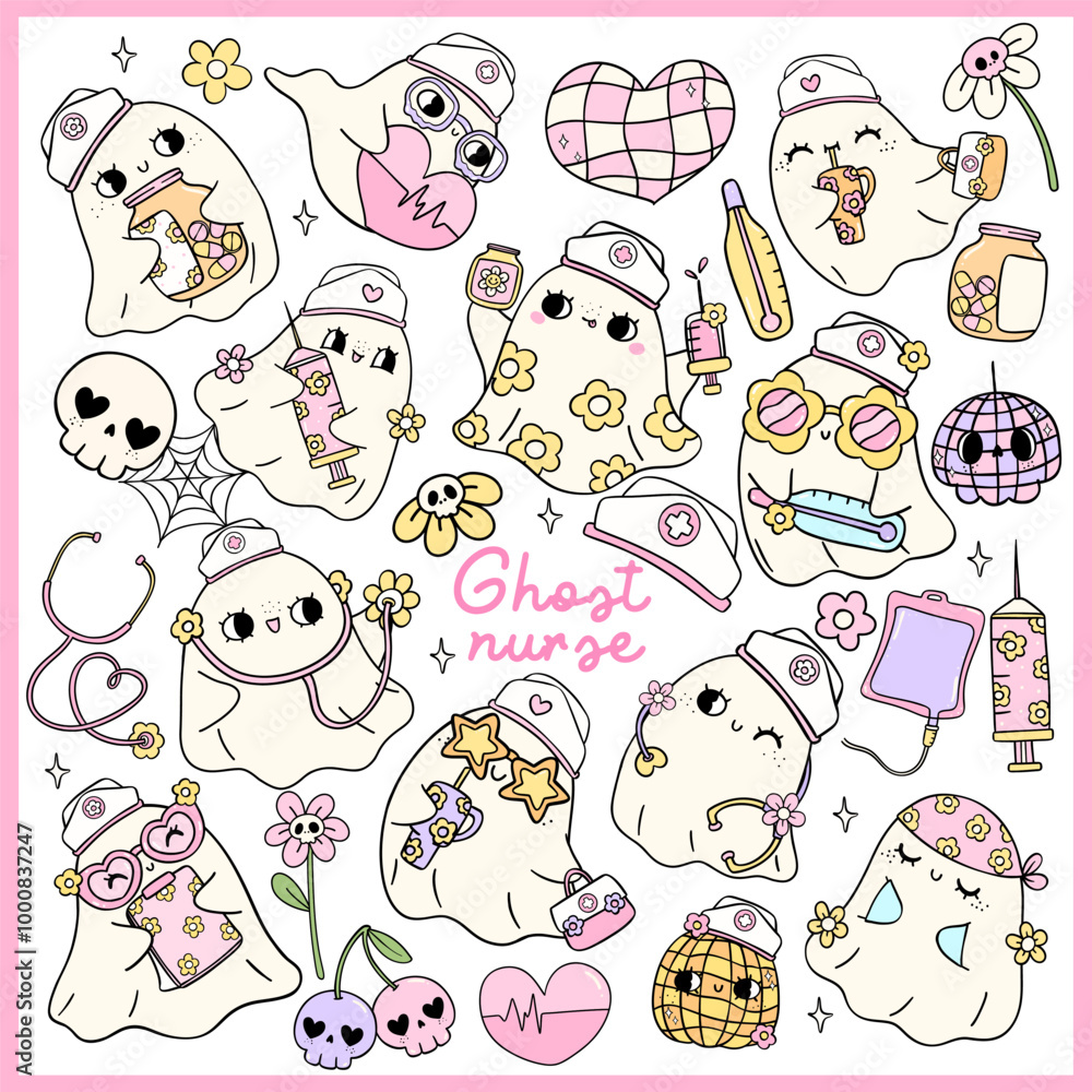custom made wallpaper toronto digitalCute Halloween Ghost Nurse Clipart set Medical tools Cartoon Pastel Spooky Doodle collection