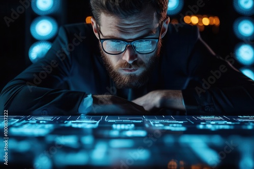 Focused professional examining digital interface in dark setting