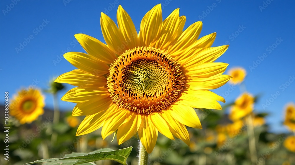 A single sunflower in a field, facing the camera, with a bright blue sky in the background. A single sunflower in a field, facing the camera, with a bright blue sky in the background.