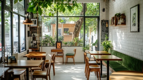 Fresh cafe with white walls, green decor, and brown wooden accents. Glass windows and indoor trees create a natural, calming environment.