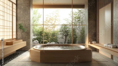 A sleek, modern Japanese bathroom, featuring a wooden soaking tub surrounded by stone walls and minimalist decor, with bamboo accents and large windows overlooking a zen garden