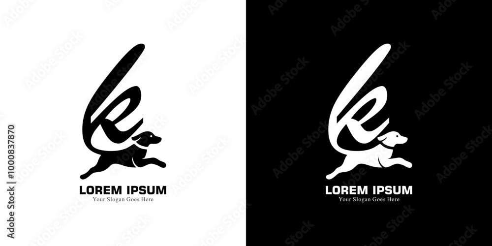 Logo design in the shape of a jumping dog with a tail forming the letter K Logo design in the shape of a jumping dog with a tail forming the letter K