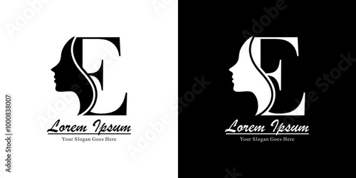Logo design in the form of a silhouette of a woman's face combined with the letter E