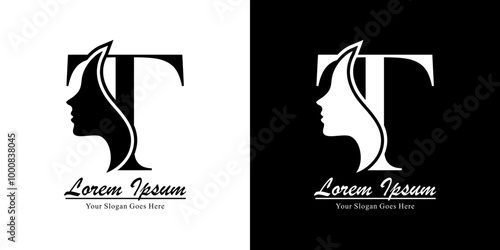 Logo design in the form of a silhouette of a woman's face combined with the letter T