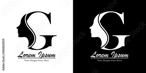 Logo design in the form of a silhouette of a woman's face combined with the letter G